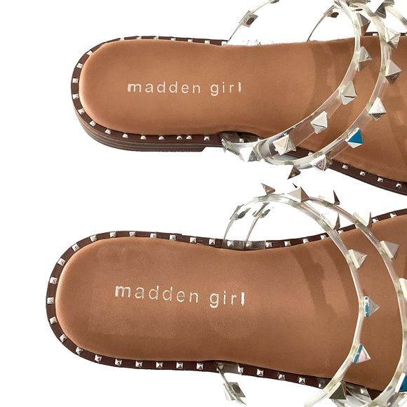 Steve Madden Silver Studded Clear Strap Tan Flats Sandals Size 6.5 NEW - Picture 3 of 5